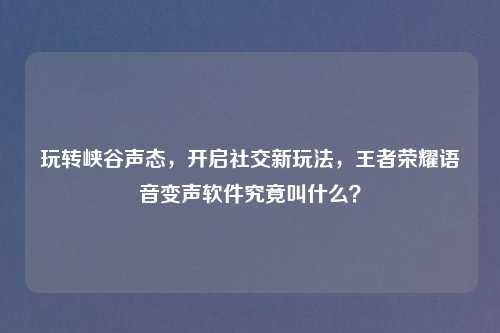 玩转峡谷声态，开启社交新玩法，王者荣耀语音变声软件究竟叫什么？