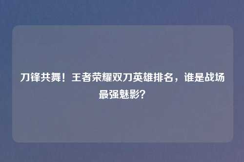 刀锋共舞！王者荣耀双刀英雄排名，谁是战场最强魅影？