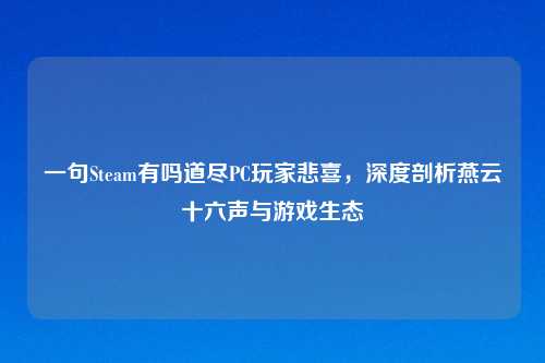 一句Steam有吗道尽PC玩家悲喜，深度剖析燕云十六声与游戏生态